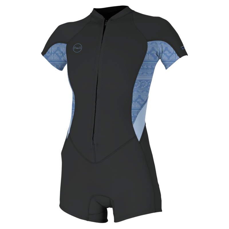 O'Neill Bahia 2/1mm Womens Front Zip Short Sleeve Shorty Wetsuit - Tempered Steel/ Surf Abstract/Chambray Blue