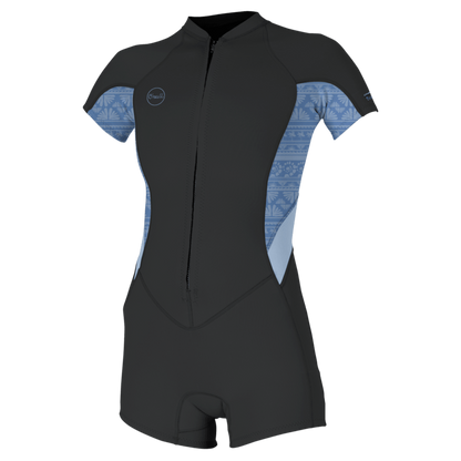 O'Neill Bahia 2/1mm Womens Front Zip Short Sleeve Shorty Wetsuit - Tempered Steel/ Surf Abstract/Chambray Blue