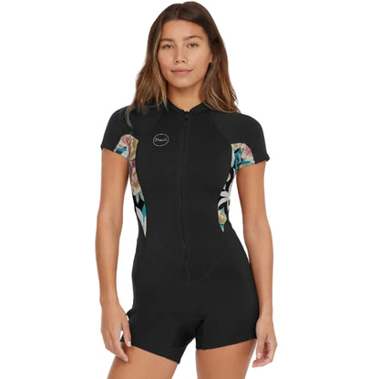 O'Neill Bahia 2/1mm Womens Front Zip Summer Shorty - Black / Mikah Floral