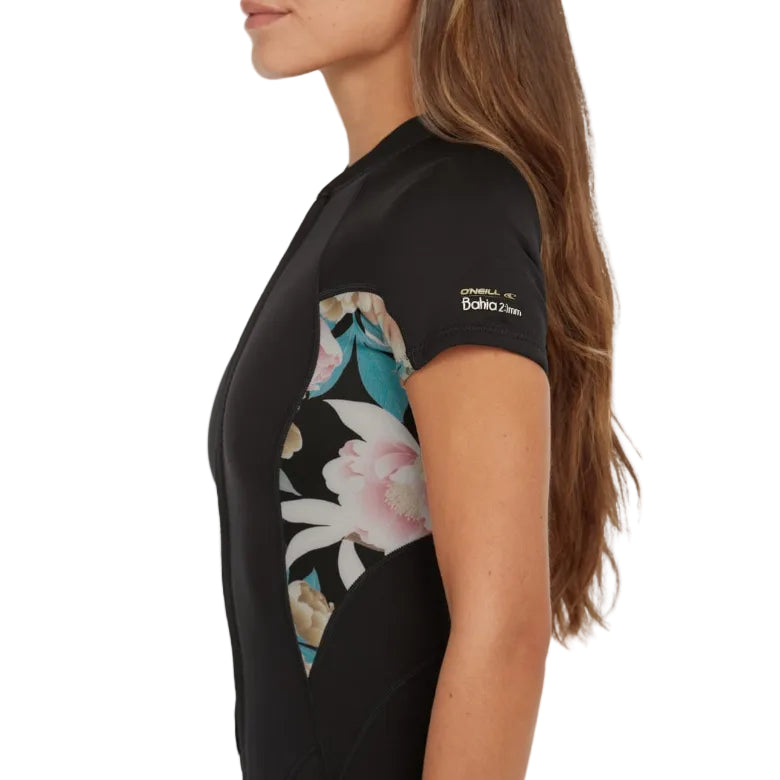 O'Neill Bahia 2/1mm Women's Front Zip Summer Shorty 2025 - Black / Mikah Floral