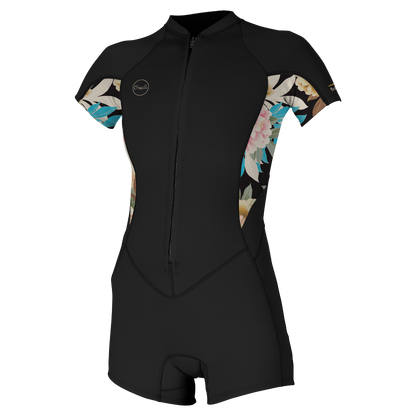 O'Neill Bahia 2/1mm Womens Front Zip Summer Shorty - Black / Mikah Floral
