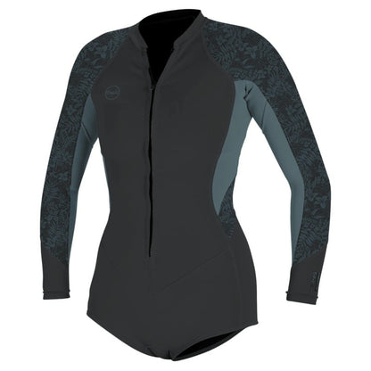 O'Neill Womens Bahia 2/1mm Front Zip Long-Sleeved Shorty in Tempered Steel / Shade / Shaded Island Sky