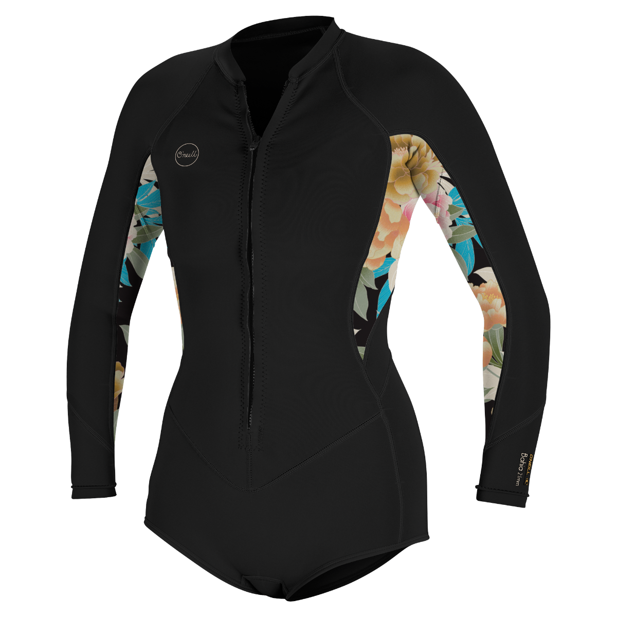 O'Neill Bahia 2/1mm Womens Front Zip Long Arm Shorty - Black / Mikah Floral