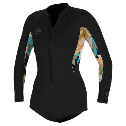 O'Neill Bahia 2/1mm Womens Front Zip Long Arm Shorty - Black / Mikah Floral