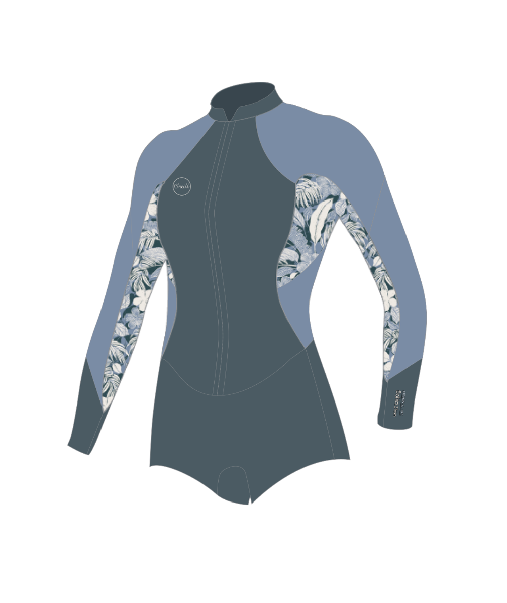 O'Neill Bahia 2/1mm Womens Front Zip Long Arm Shorty - Shade / Palmento Tropic / Faded Denimb