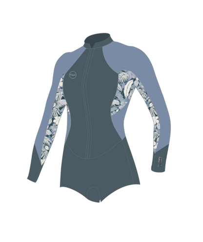 O'Neill Bahia 2/1mm Womens Front Zip Long Arm Shorty - Shade / Palmento Tropic / Faded Denimb