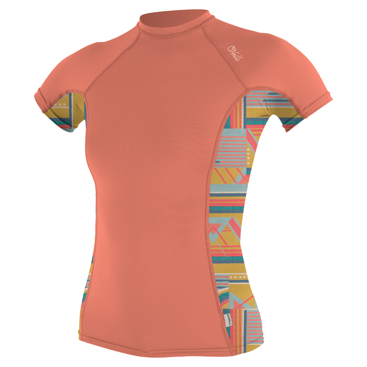 O'Neill Side Print Womens Short Sleeve Rash Guard - Burnt Coral/Arta Geo