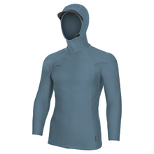 Mens hooded rash vest in blue with a hooded peak on a white background.
