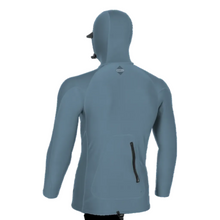 Mens hooded rash vest in blue with a hooded peak and back pocket on a white background.