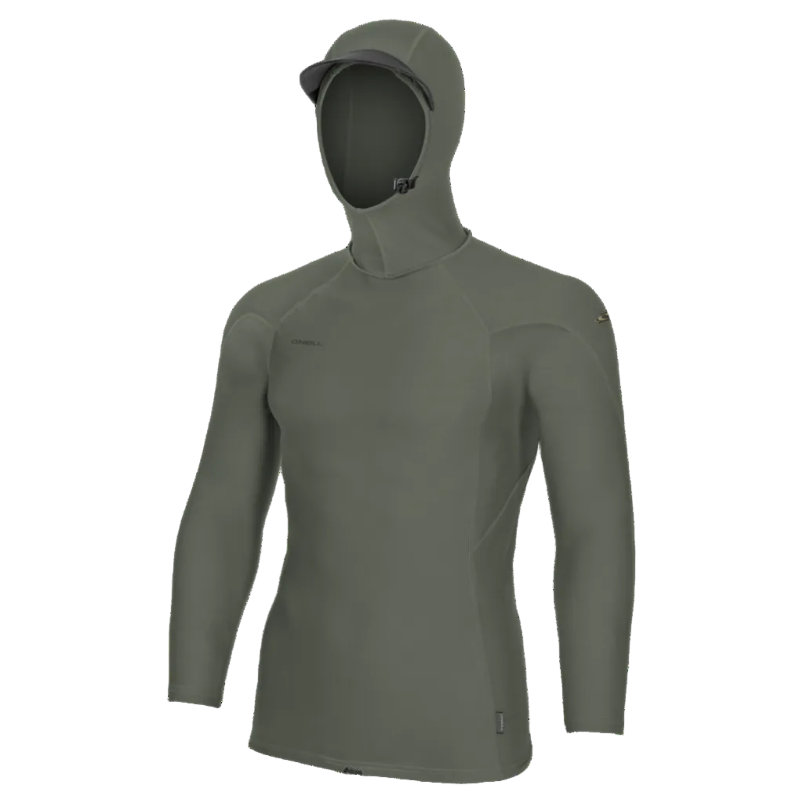 Mens hooded rash vest n a khaki green with long sleeves on a white background.