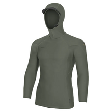 Mens hooded rash vest n a khaki green with long sleeves on a white background.