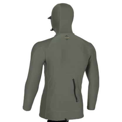 Mens hooded rash vest in a khaki green with long sleeves, back pocket and on a white background.