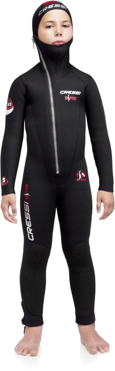 Cressi Junior Dive 5mm Monopiece Wetsuit 2021 - Black- Front With Hood Up