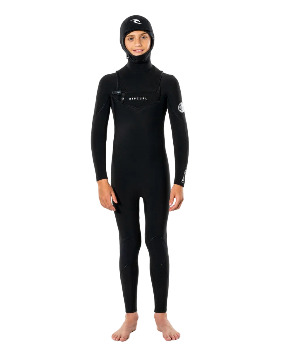 Rip Curl Junior Dawn Patrol 5/4mm Hooded Chest Zip Winter Wetsuit in Black