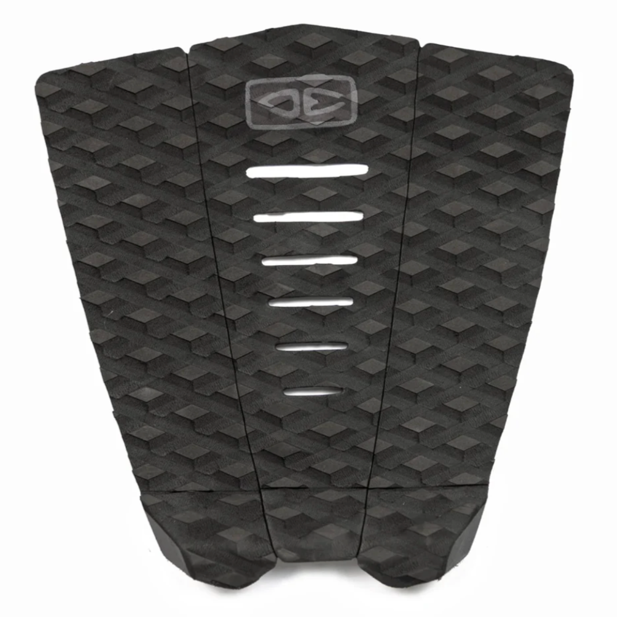 A surfboard tail paid in black with a geometric pattern on a white background.