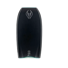 Body board in black with a grey logo and on a white background.