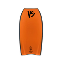 Back of a bodyboard in orange with a black logo and on a white background.