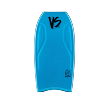 Front of a bodyboard in blue with a black logo and on a white background.