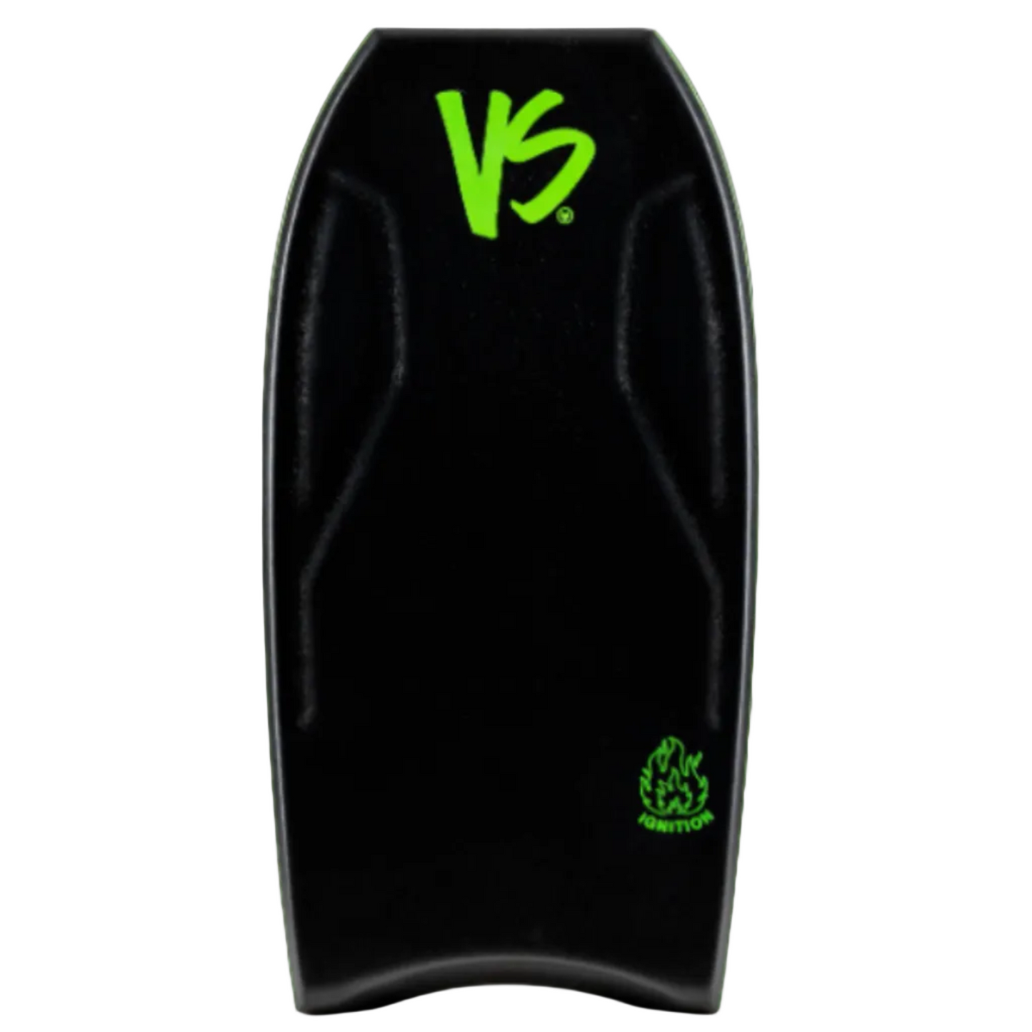Front of a bodyboard in black with a green logo and on a white background.