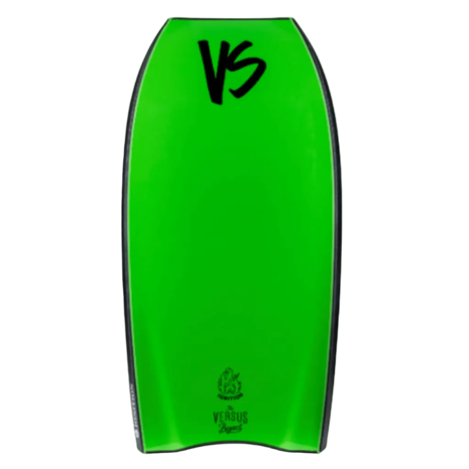Back of a bodyboard in green with a black logo and on a white background.