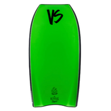 Back of a bodyboard in green with a black logo and on a white background.
