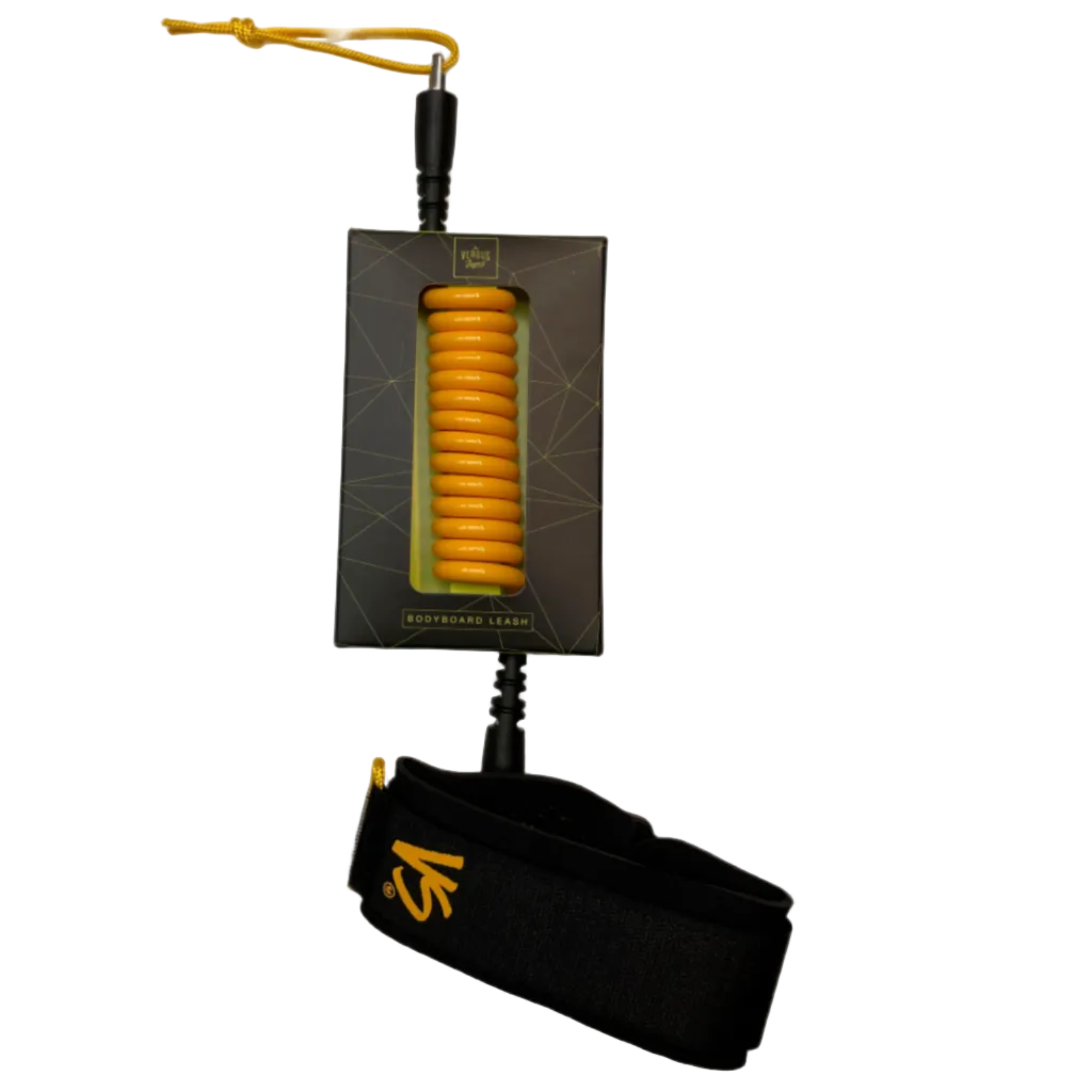 Coiled bodyboarding leash in yellow on a white background.