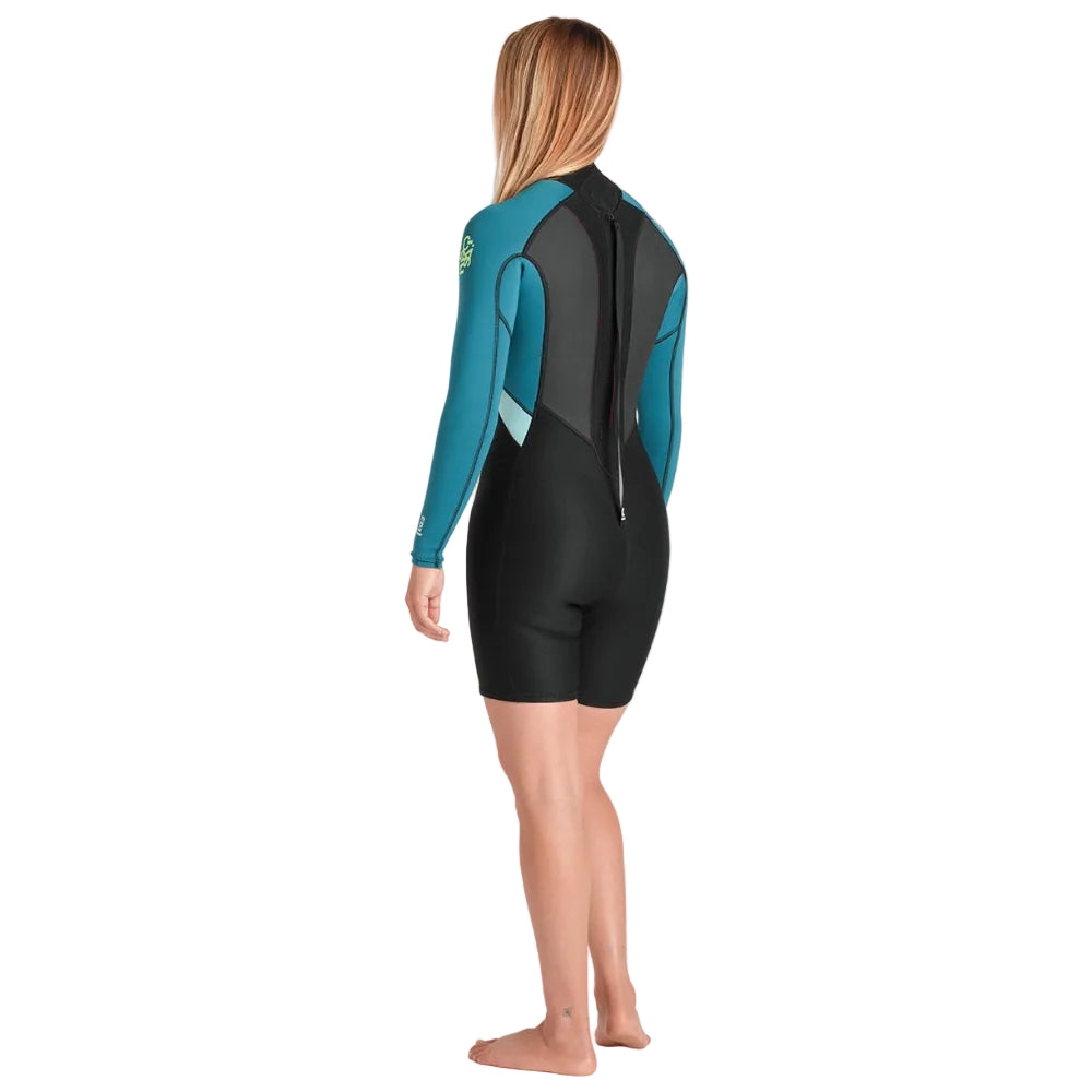 Combinaison shorty femme C-Skins Element 3/2 mm FL à zip dorsal - Black / Emerald / Ice Blue