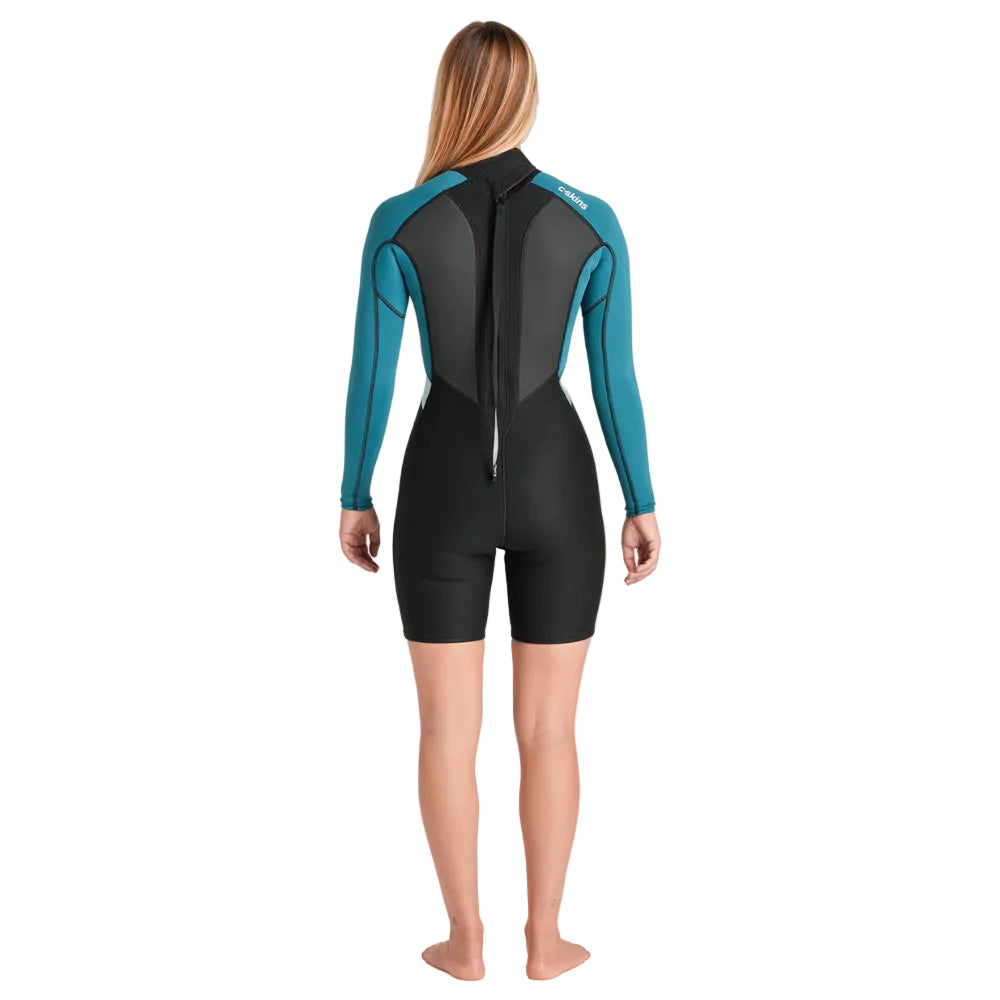 Combinaison shorty femme C-Skins Element 3/2 mm FL à zip dorsal - Black / Emerald / Ice Blue