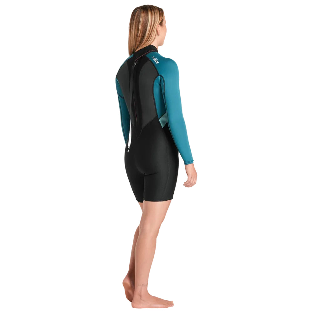 Combinaison shorty femme C-Skins Element 3/2 mm FL à zip dorsal - Black / Emerald / Ice Blue