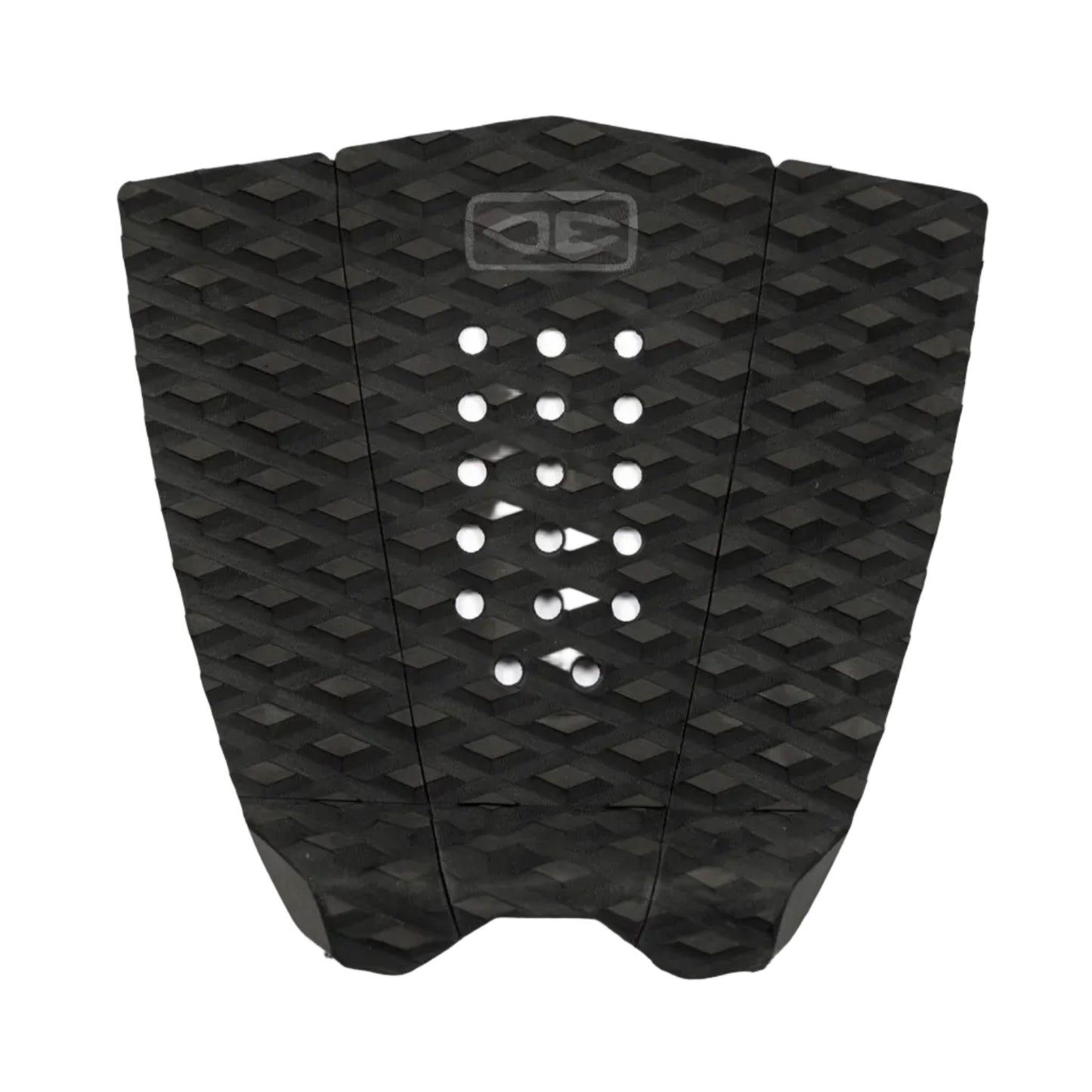 Black surfboard fish tail pad with geometric pattern on a white background