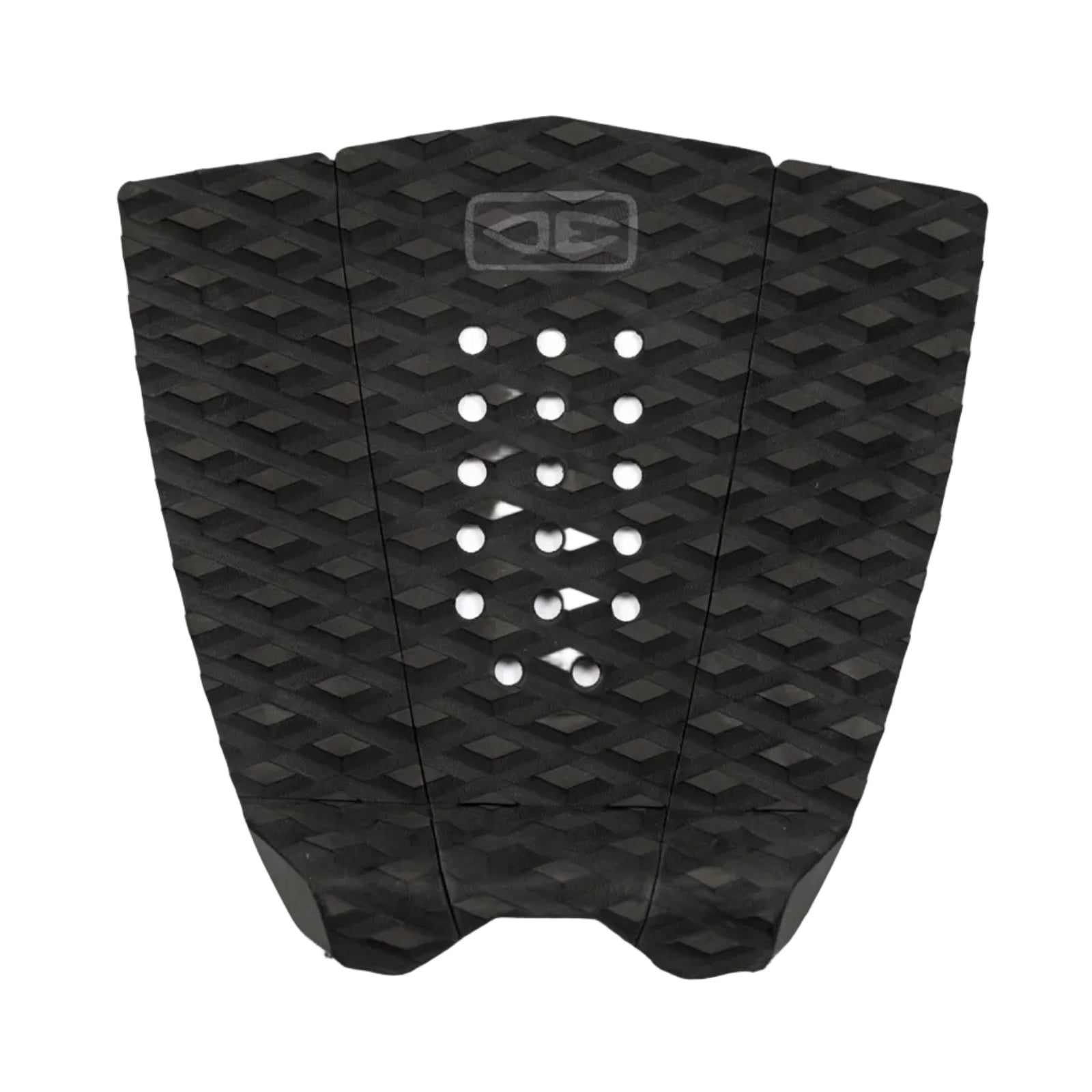 Black surfboard fish tail pad with geometric pattern on a white background