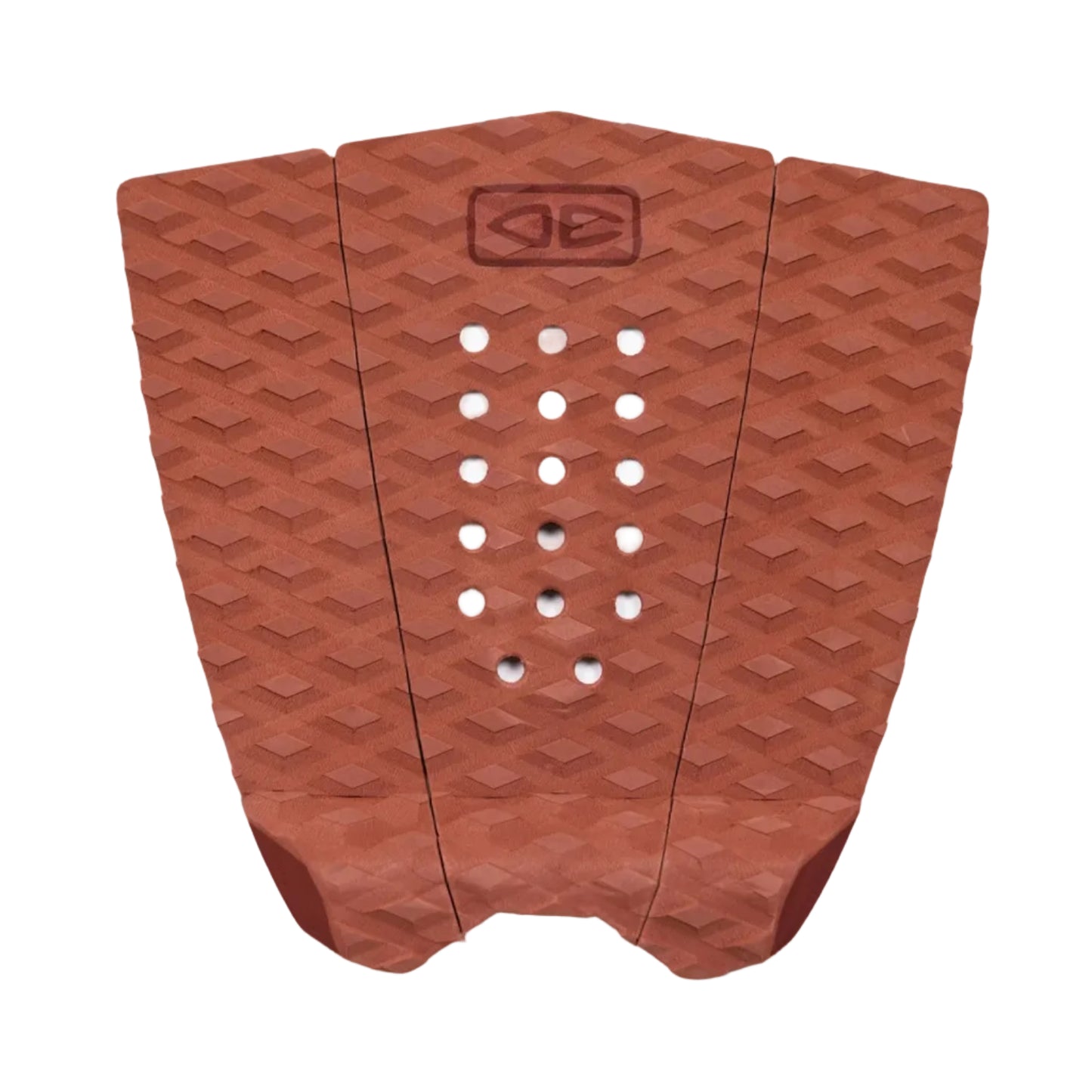 Brick coloured surfboard fish tail pad with geometric pattern on a white background