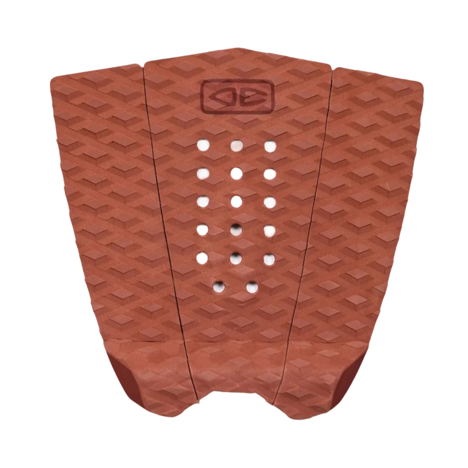 Brick coloured surfboard fish tail pad with geometric pattern on a white background