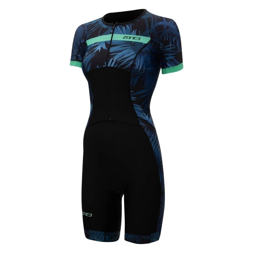 Zone3 Women's Activate+ Tropical Palm Short Sleeve Full Zip Trisuit in Navy/Green