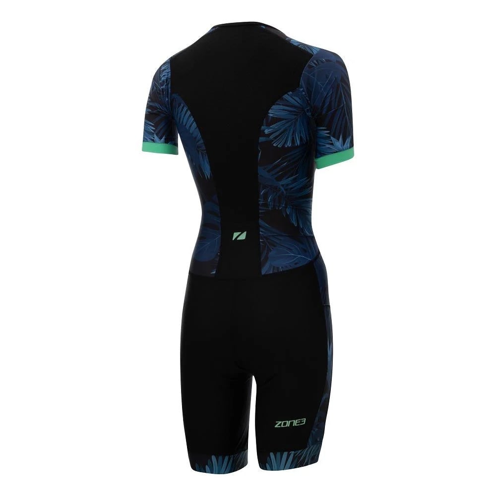 ZONE3 Women's Activate+ Tropical Palm Short Sleeve Full Zip Trisuit - Navy/Green