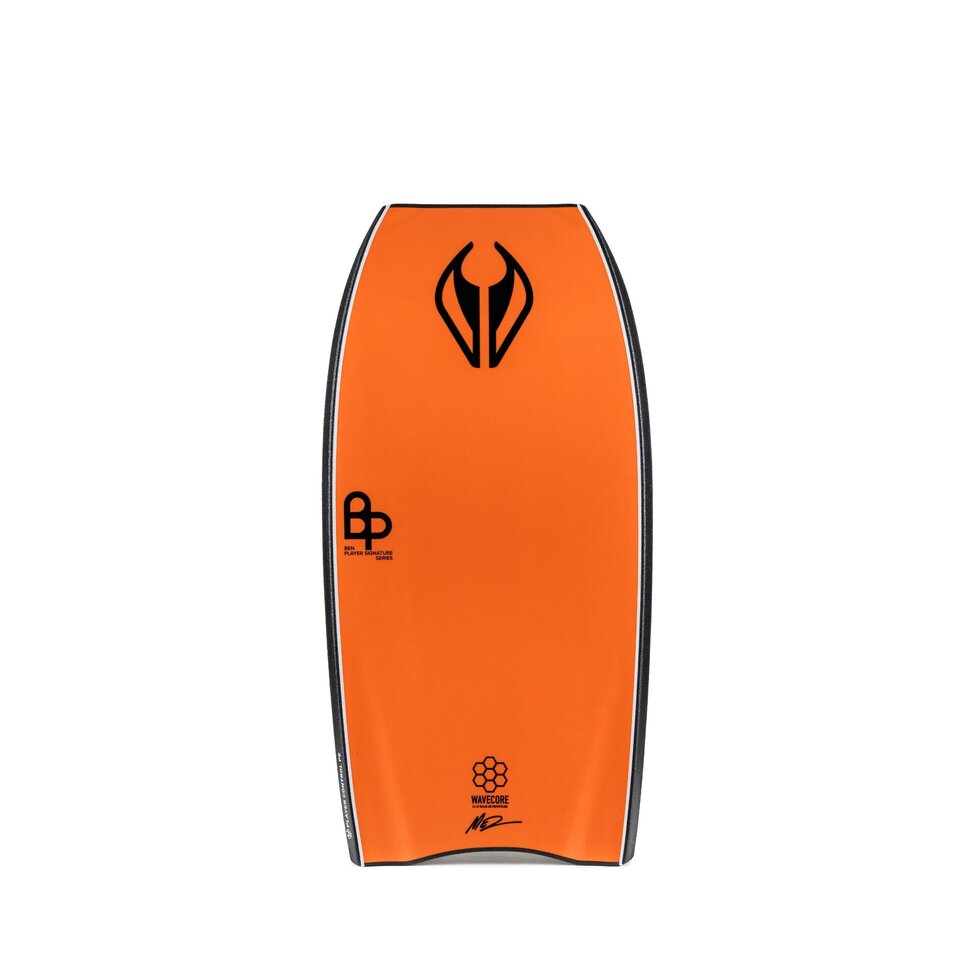 Back of bodyboard in orange with a black logo and on white background.