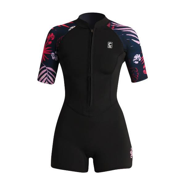 C-Skins NuWave Solace Lite 2mm Womens Flatlock Front Zip Shorty Wetsuit in Black/Tropical