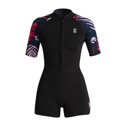 C-Skins NuWave Solace Lite 2mm Womens Flatlock Front Zip Shorty Wetsuit in Black/Tropical
