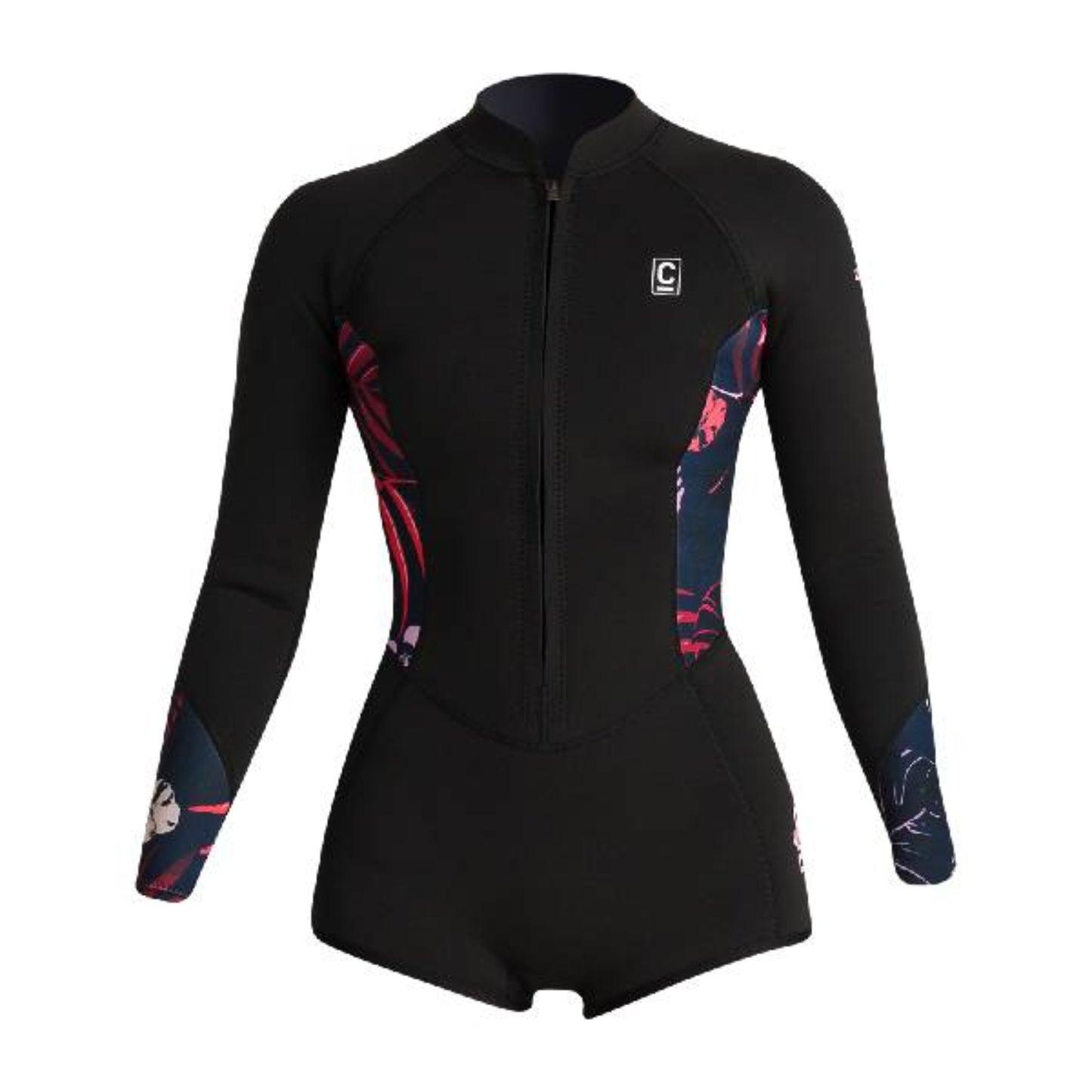 C-Skins NuWave Solace Lite 2mm Womens Flatlock Front Zip Long Sleeve Surf Suit in Black / Tropical