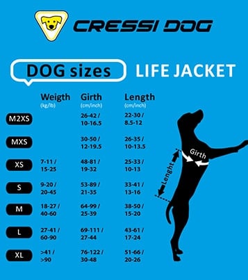 Cressi Dog Life Jacket size chart