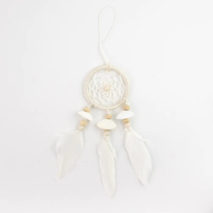 Made with cotton, bamboo, assorted beads, shells and feathers.