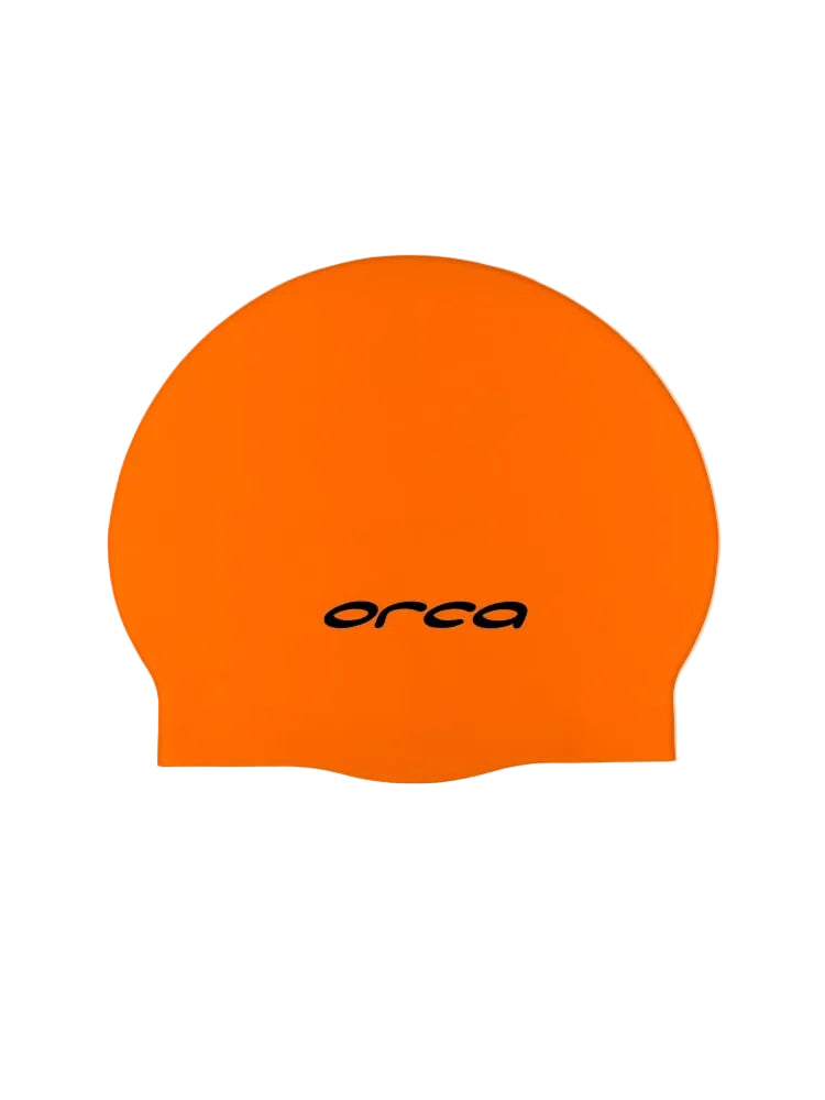 Black silicone swim cap with the brand name 'Orca' printed in white on the front.