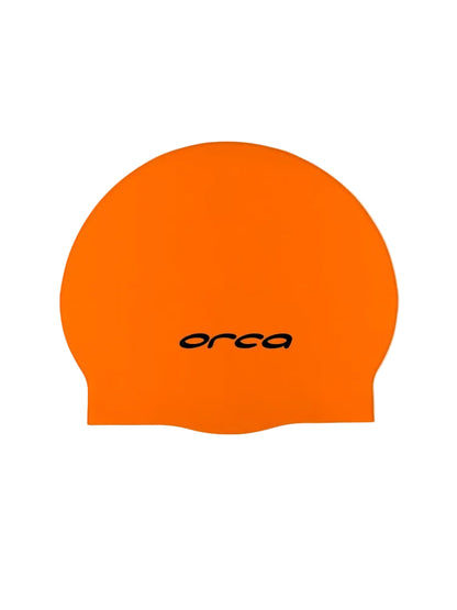 Black silicone swim cap with the brand name 'Orca' printed in white on the front.