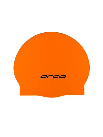 Orange swim cap with black logo on a white background