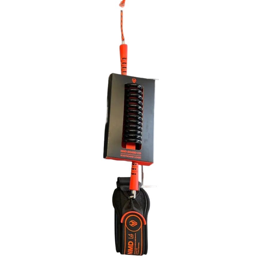 Body boarding leash in black and fluro red with a coiled design on a white background.
