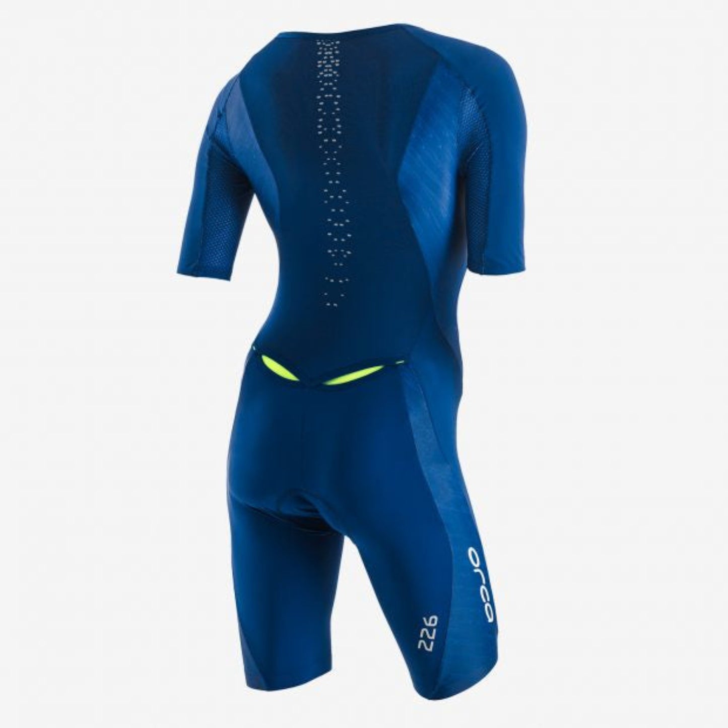 Womens tri race swim suit in blue with green pockets on a white background.