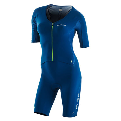 Womens tri race swim suit in blue with green chest zip entry on a white background.