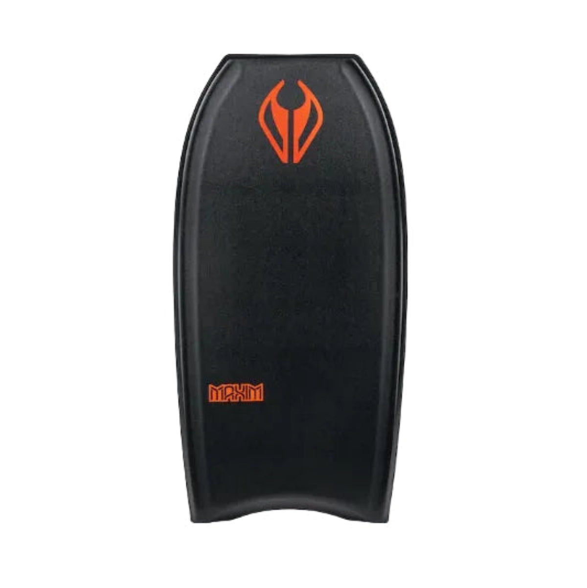 Front of the Maxim bodyboard in black with red logos on it on a white background