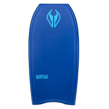 Blue bodyboard with a light blue logo on a white background.