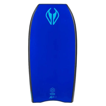 Blue bodyboard with a light blue logo on a white background.